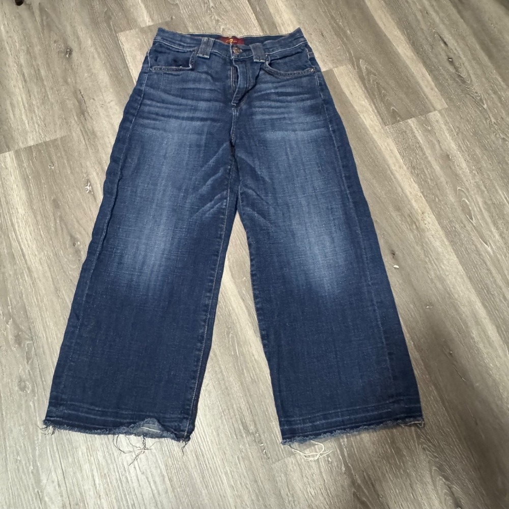 7 For All Mankind Womens 25 Cropped Wide Leg Raw Hem Dark Wash Jeans AU8155369A‎